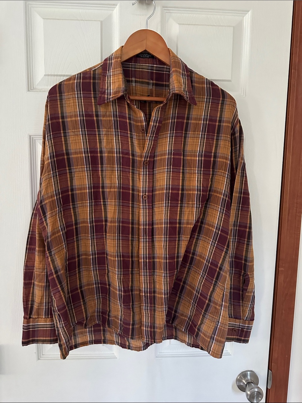 4/$20 Men's Plaid Button-Up Shirt - Maroon and Mustard